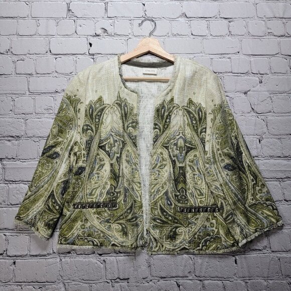 Chico's Embellished Heritage Tweed Jacket Green Frayed Trim Accent Size ? - Picture 1 of 14